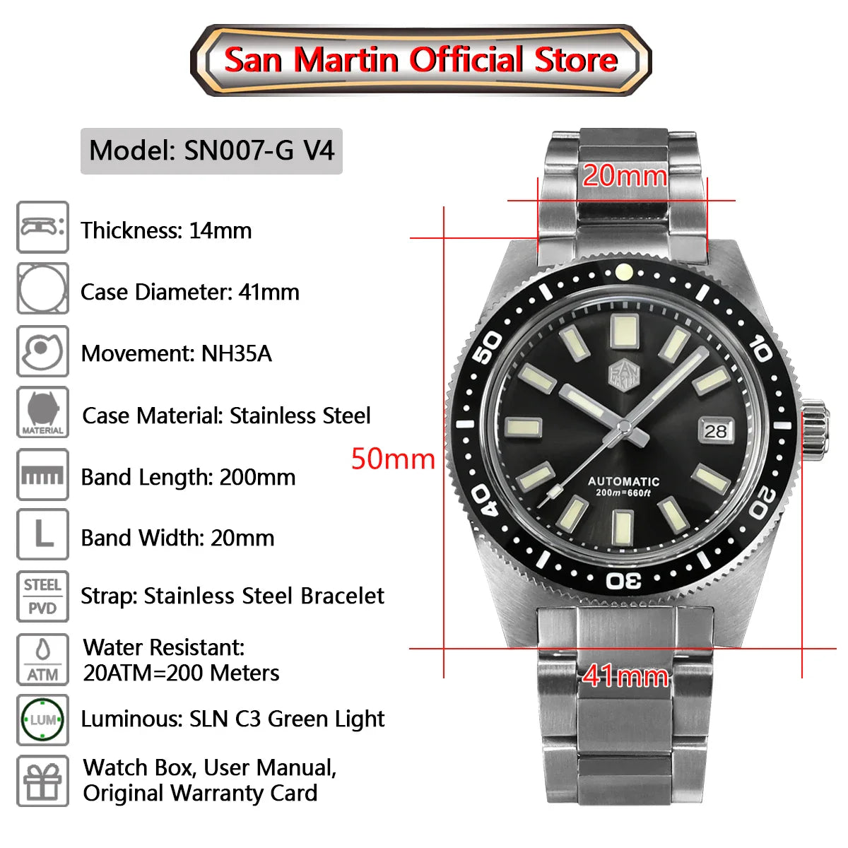 San Martin 62mas V4 Diver SN0007G 41mm NH35 Automatic AR Sapphire  Date Window 20bar c3 Luminous