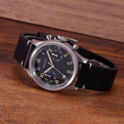 Baltany Military Chronograph Man S5054 Retro Style Quartz Watch Leather Strap Sapphire Glass 5ATM Waterproof Multifunction Watch