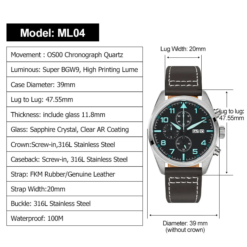 Militado ML04 Chronograph Quartz Military Watch OS00 Movement BGW9 Luminous 100m Waterproof  Domed Sapphire 39mm