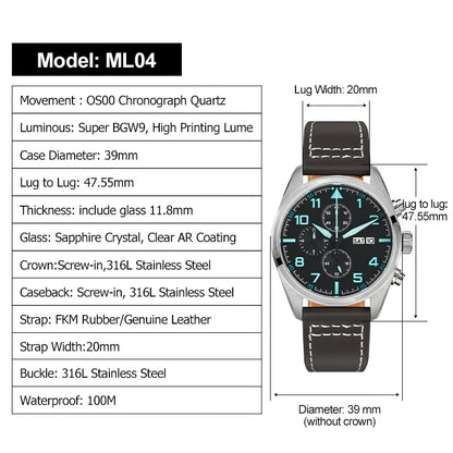 Militado ML04 Chronograph Quartz Military Watch OS00 Movement BGW9 Luminous 100m Waterproof  Domed Sapphire 39mm