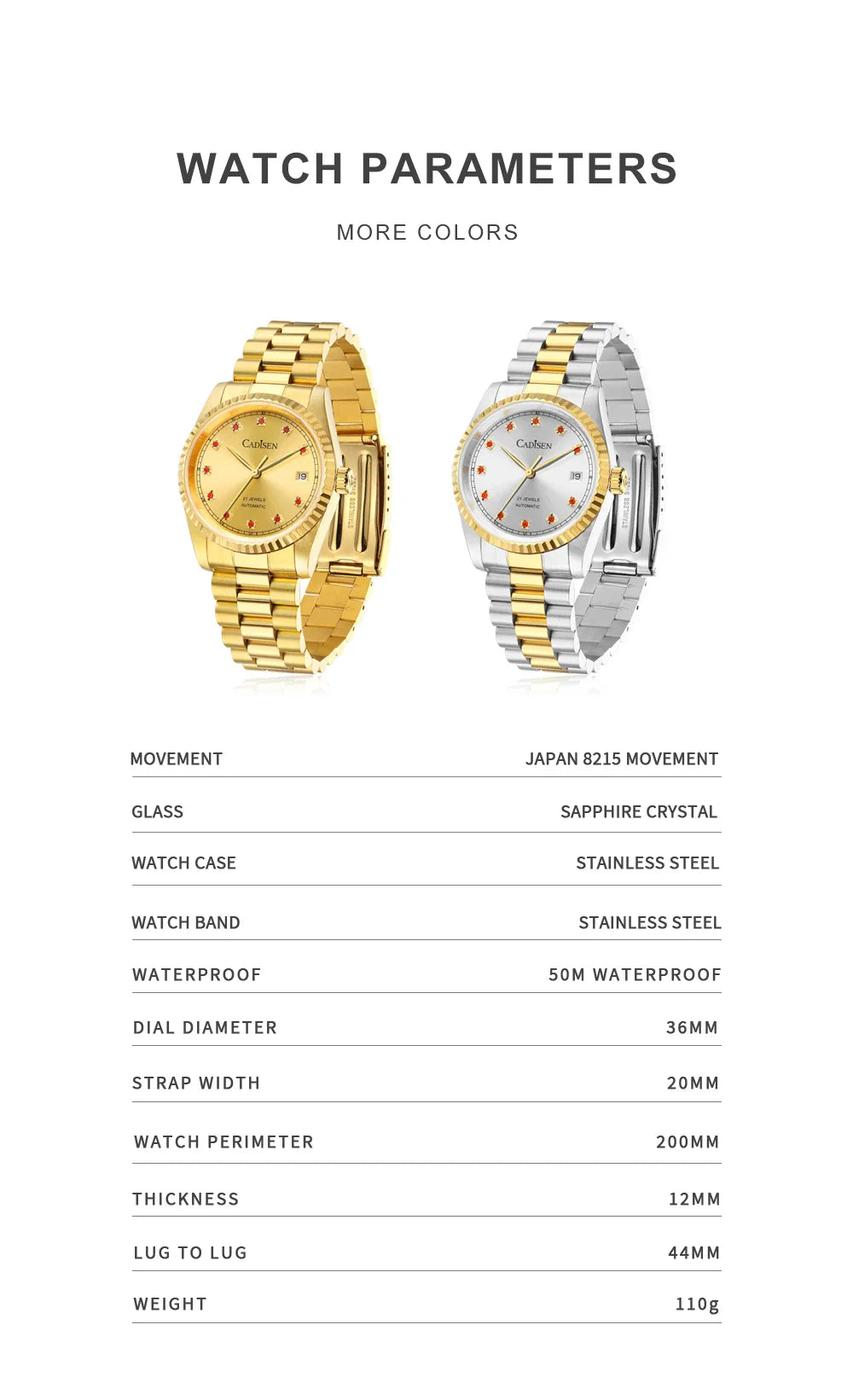 CADISEN C8223 DateJust Watch Miyota 8215 Sapphire Luxury Golden Watch 36MM Ladies Men