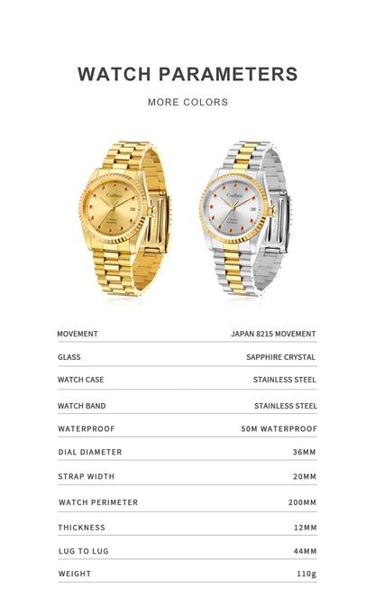CADISEN C8223 DateJust Watch Miyota 8215 Sapphire Luxury Golden Watch 36MM Ladies Men
