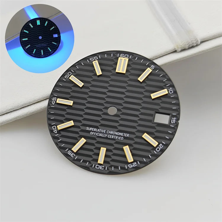 28.5mm Watch Dial Metallic Texture Surface DIY Log Dial BGW9 Blue Green Luminous Watch Faces Watch Accessories for NH35 Movement