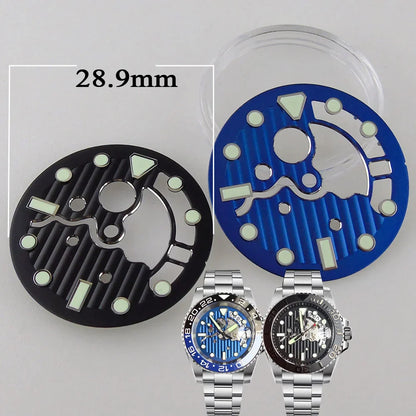 Nologo 28.9mm Hollow Watch Dial for NH35 NH36 Movement Black/Blue Dial Face Green Luminous Index