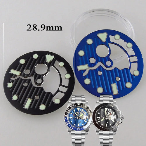 Nologo 28.9mm Hollow Watch Dial for NH35 NH36 Movement Black/Blue Dial Face Green Luminous Index