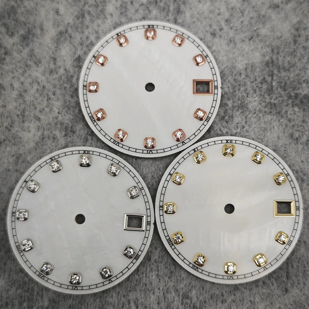 NH35 Watch Dial Watch Hands 28.5mm Diamond Inlaid Shell of Pearl Pattern Surface Watch Accessories for NH35/NH36 Movement