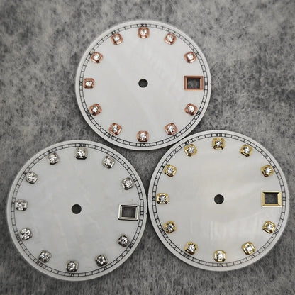 NH35 Watch Dial Watch Hands 28.5mm Diamond Inlaid Shell of Pearl Pattern Surface Watch Accessories for NH35/NH36 Movement