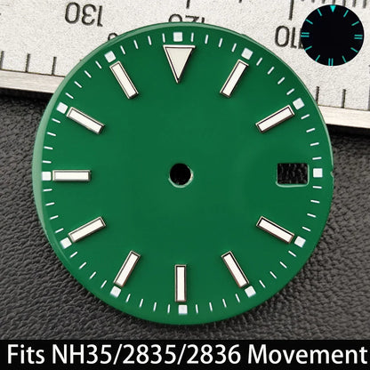 28.5mm Dial single/no calendar watch blue-green/green luminous dial hands fit for N H35/E2815/E2836 movement watch accessories