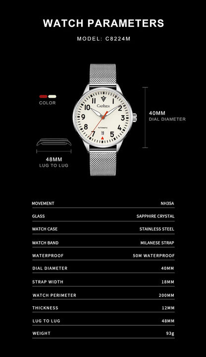 Cadisen C8224 Minimalist C3 Luminous Miyota 8215 AR Sapphire 5ATM Mesh strap 40MM