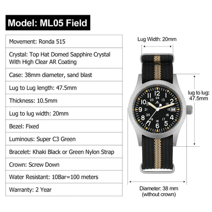 Militado ML05 Military Watch 38 mm  Ronda 515 Quartz  Domed Sapphire 10bar Super Luminous field Watches