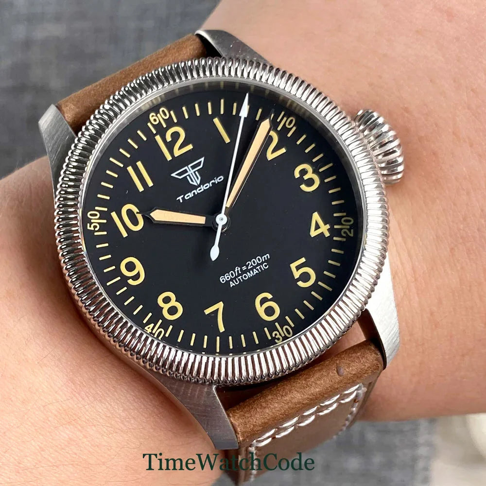 Tandorio Fluted Pilot Watch TD117A 20BAR  NH35 PT5000 Roman Numerals Sapphire 39mm