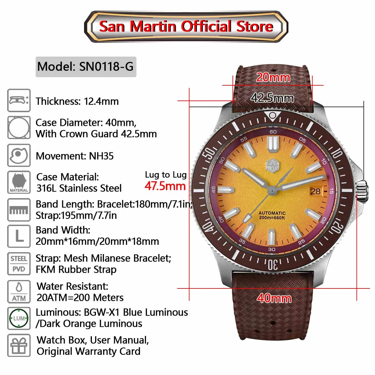 San Martin Diver SN0118G 40mm Original Design Fruit Series  NH35 Automatic 20Bar AR Sapphire BGW Luminous SN0118