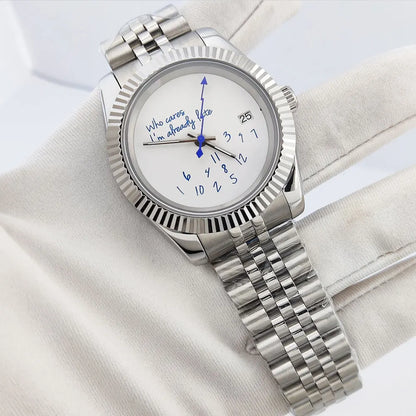 DateJust Seiko NH35 watch "Who Cares I'm already Late" dial customized logo 39mm/36mm  Glass Back Sapphire 10bar