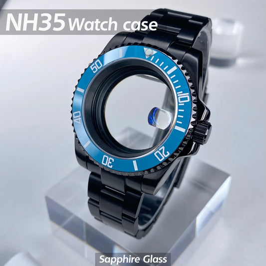 PVD black Sub Watch Case 40mm NH35 Stainless Steel Sapphire Glass case Alloy/Ceramic Bezel Reloaded 28.5mm Date Dial Accessories