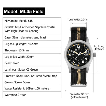 Militado ML05 Military Watch 38 mm  Ronda 515 Quartz  Domed Sapphire 10bar Super Luminous field Watches