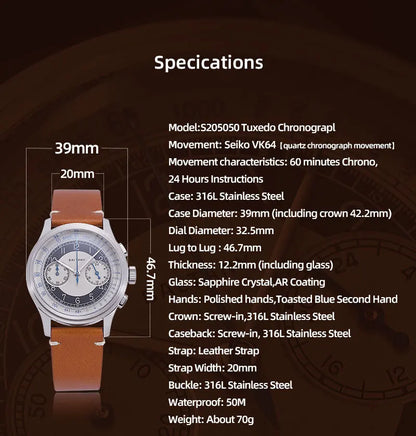 Baltany 39MM Tuxedo Chronograph Man S5050 Sapphire Crystal 50M Waterproof Stainless Steels Retro  Quartz Dress Watches For Man