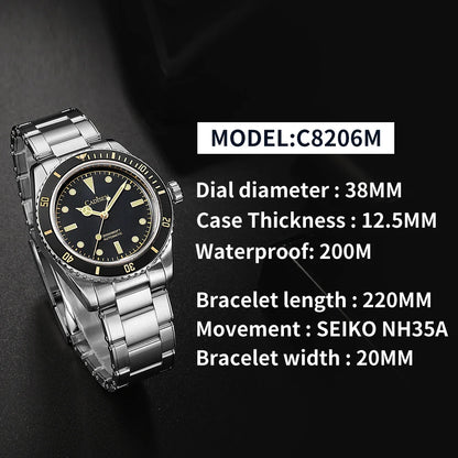 CADISEN C8206 BB58 Mod 38mm Diver NH35 Mechanical Sapphire 20 Bar Sapphire