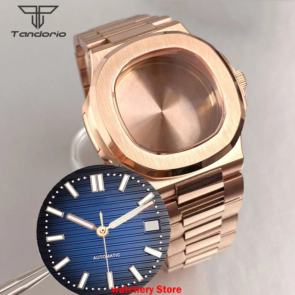 40mm Rose Gold Watch Case Bracelet Fit NH35 NH36 Automatic Movement Watch Parts For Nautilus Style Stainless Steel Bracelet