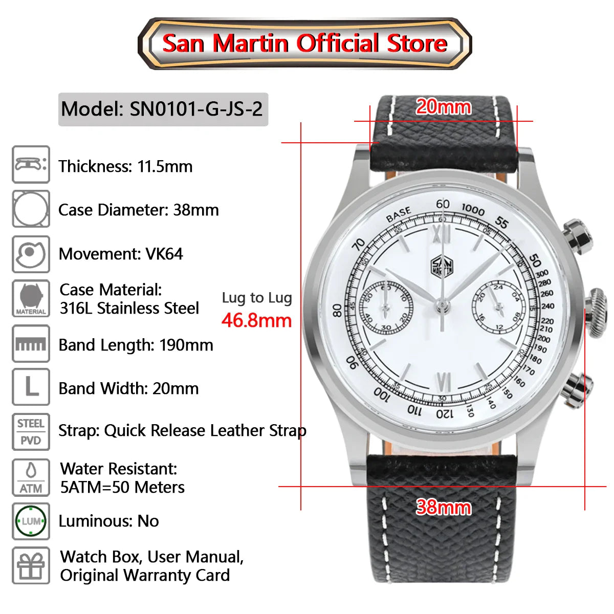 San Martin Men Quartz Watch VK64 Chronograph 38mm SN0101  Sapphire Glass Quick Release Strap 5bar
