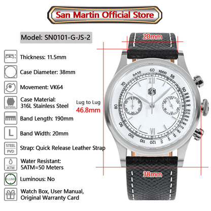 San Martin Men Quartz Watch VK64 Chronograph 38mm SN0101  Sapphire Glass Quick Release Strap 5bar