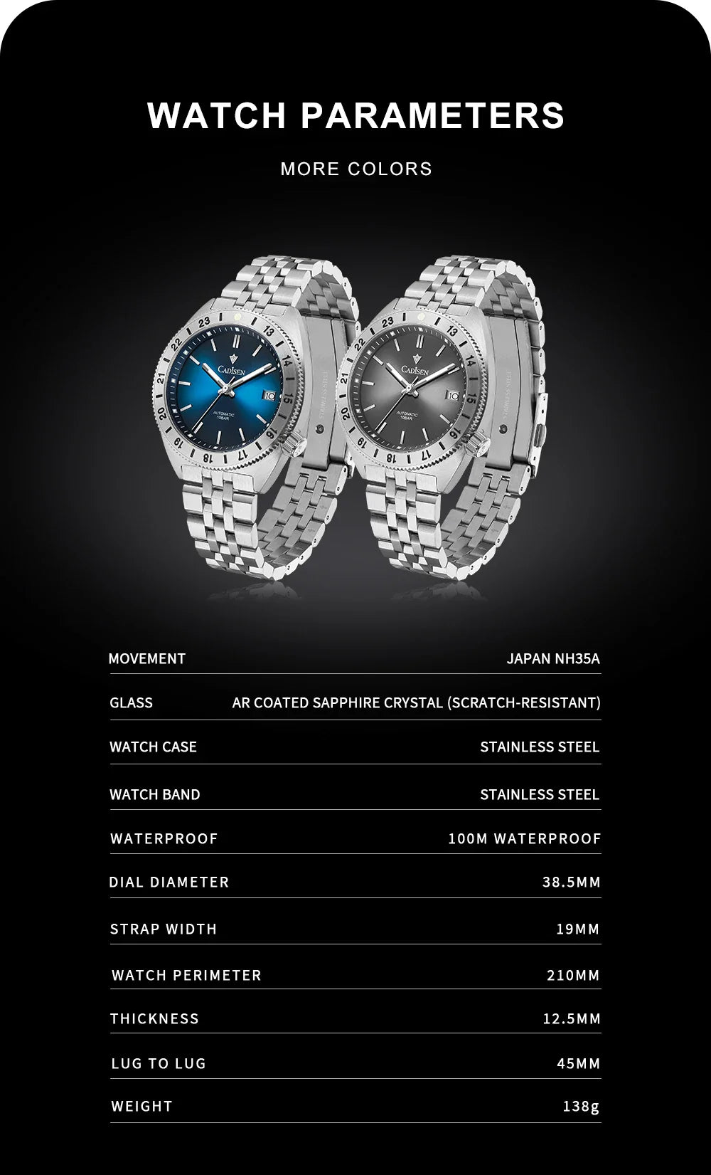 CADISEN C8230 Dive Watch Miyota 8215 Luminous Stainless steel AR Coating Sapphire 39MM 10Bar