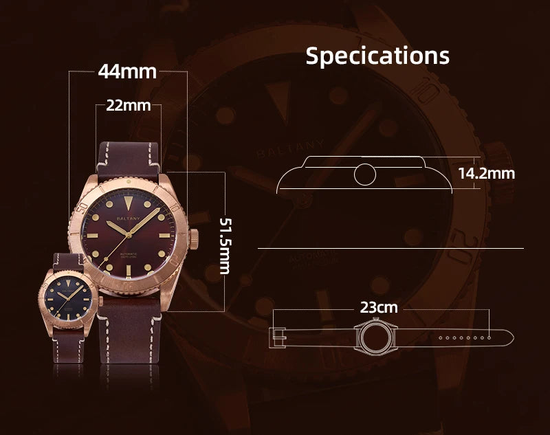Baltany 44MM Bronze Diving Watch Man S3016 Luxury Sports Watch Super Luminous 20ATM Waterproof NH38 Automatic Mechanical Watches