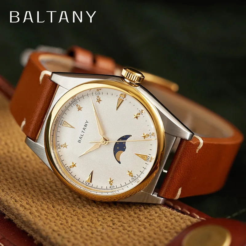 Baltany 36mm Dress Watches S4042 Customizable AR Sapphire Crystal 10Bar  Moon phase Wristwatches Swiss Lume
