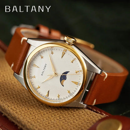 Baltany 36mm Dress Watches S4042 Customizable AR Sapphire Crystal 10Bar  Moon phase Wristwatches Swiss Lume