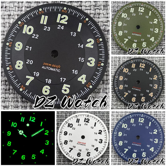 NH35 New 29mm Black/White/Green/Blue Pilot Style Watch Dial Face Set Arabic Numerals Fit NH36 ETA2824 PT5000 Automatic Movement