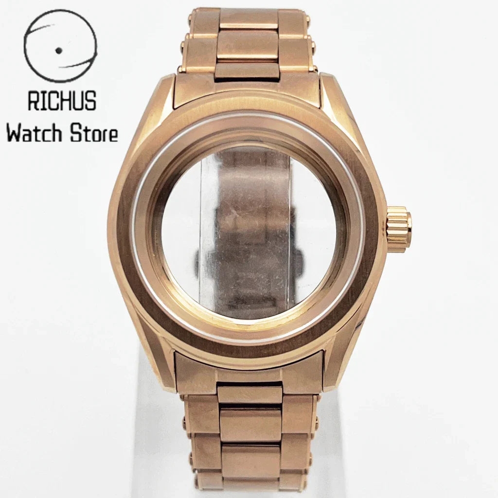 38mm NH35 Case Sapphire Glass RoseGold Watch Case Stainless Steel Strap Fit NH35 NH36 ETA2824 PT5000 Movement Watch Accessories