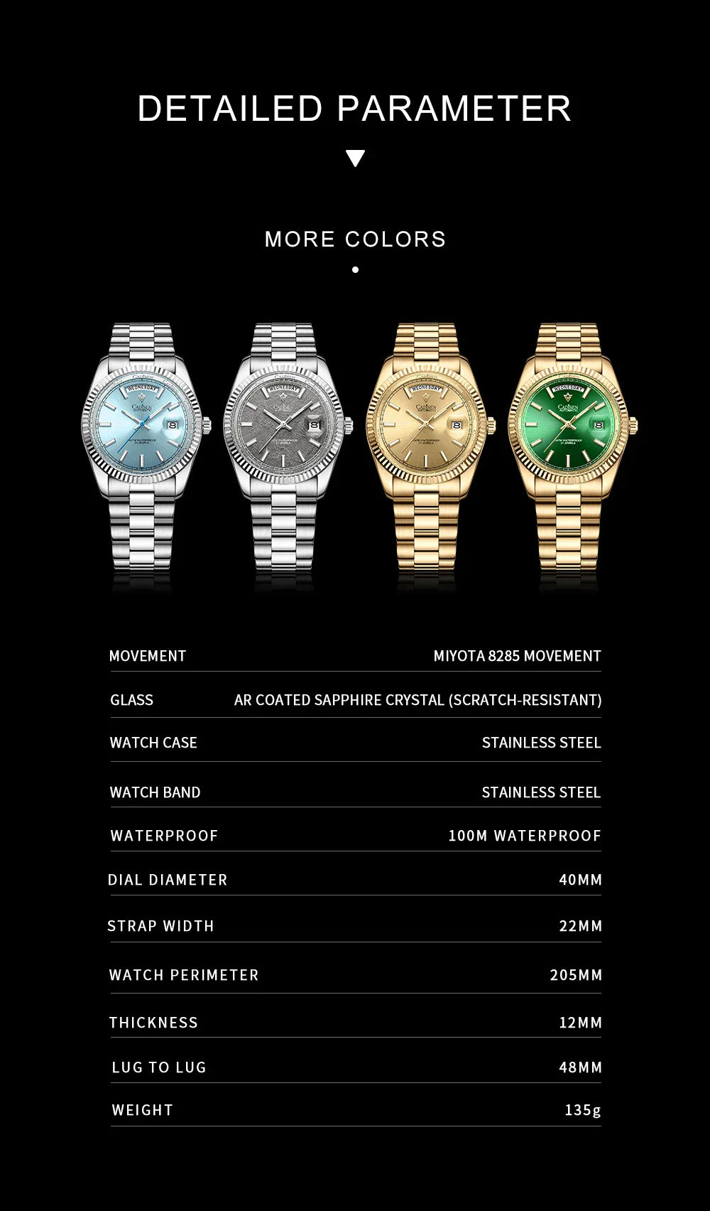 CADISEN C8215 DD40 Watches Day-Date AR Sapphir 10Bar MIYOTA 8285 Movt 40MM