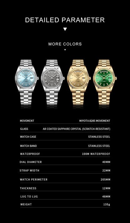 CADISEN C8215 DD40 Watches Day-Date AR Sapphir 10Bar MIYOTA 8285 Movt 40MM