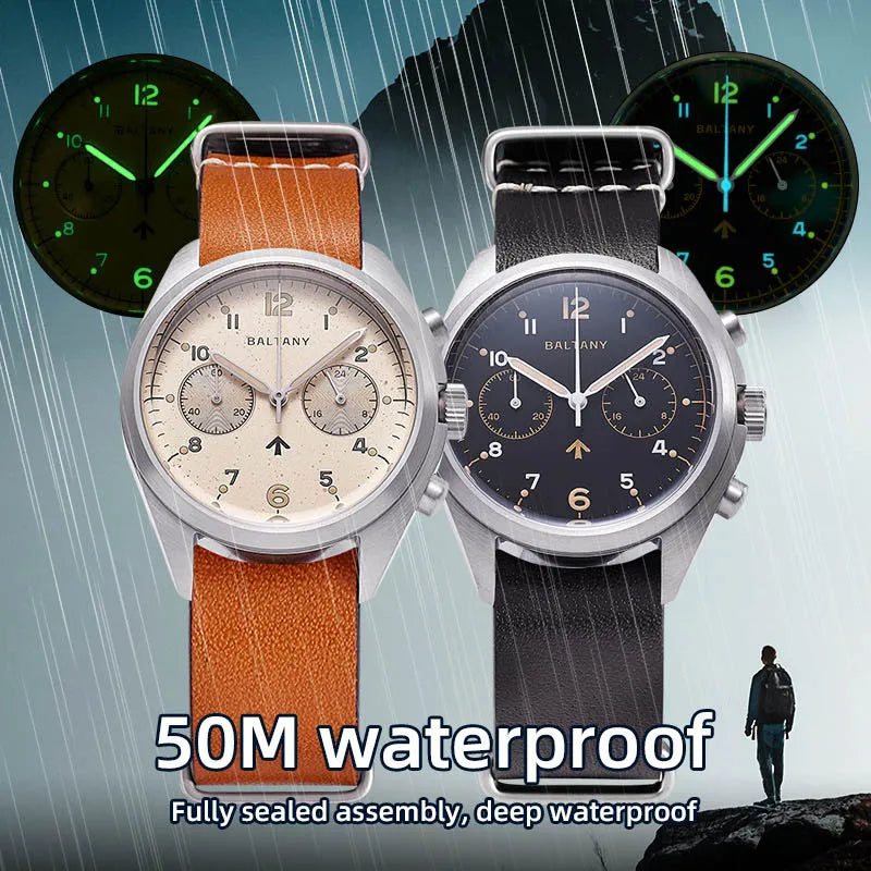 Customizable Watch Baltany 39mm Vk64 Quartz  Military watch Chrono RAF 6BB Homage Multifunction Chronograph 5bar AR Sapphire Swiss Lume