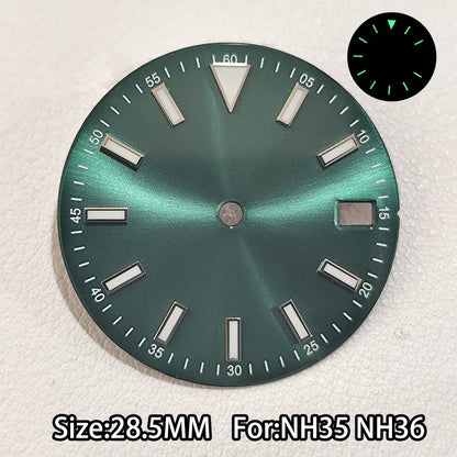 28.5mm Watch Dial For NH 35 NH36 Movements Green Luminous Single/No Date just Calendar Dial Roman Men Watches Accessories