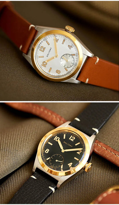 Baltany Bubbleback Dress Watches Subdial IPG Bezel Leather Gold Hands Sapphire Crystal Stainless Steel VD78 Quartz Wristwatches