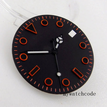29MM Black Sterile Watch Dial with Date Window Orange Marks Fit NH35A NH36A MIYOTA 8215 821A ETA 2836 2824 Automatic Movement