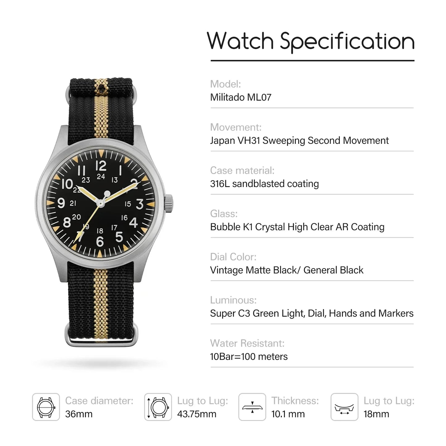 Militado ML07 Military Watch VH31 Quartz Sapphire Luminous AR Coating 10bar