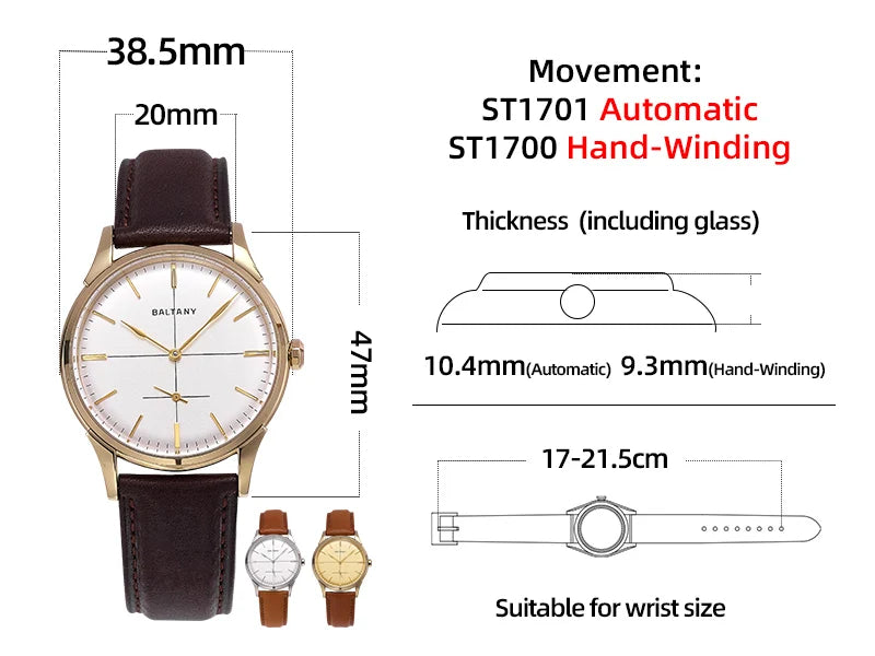 Baltany Dress Watchse Man S4092 Leather Straps Crosshair 38.5mm Dial Small Seconds Hand-Winding Mechanical luxury Wristwatches