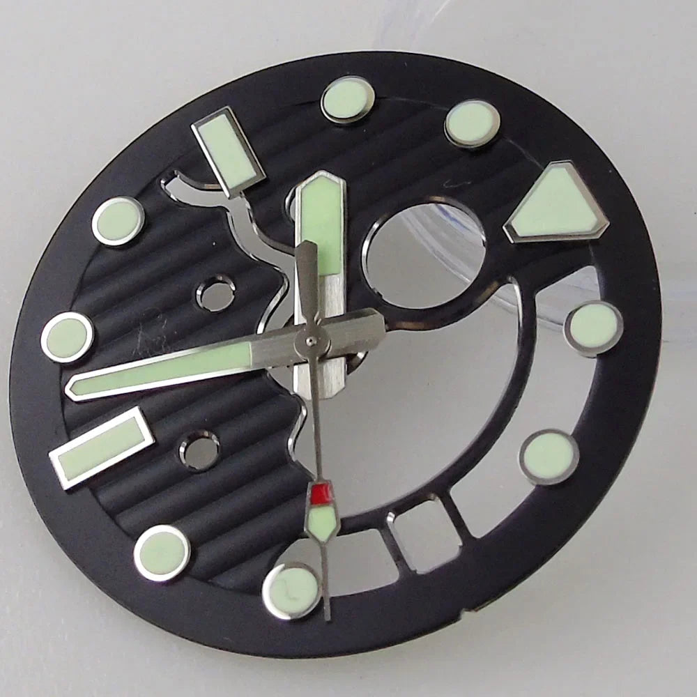 Nologo 28.9mm Hollow Watch Dial for NH35 NH36 Movement Black/Blue Dial Face Green Luminous Index