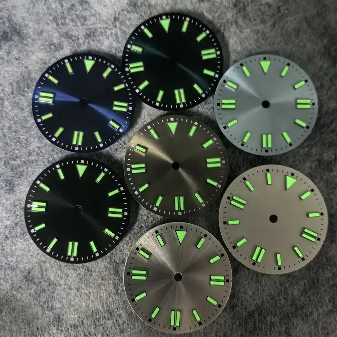28.5mm Watch Dial Sunray Texture Dial Double Strips Nails Green Luminous Watch Faces for NH35/ 8215/ 2813/ 2836 Movements