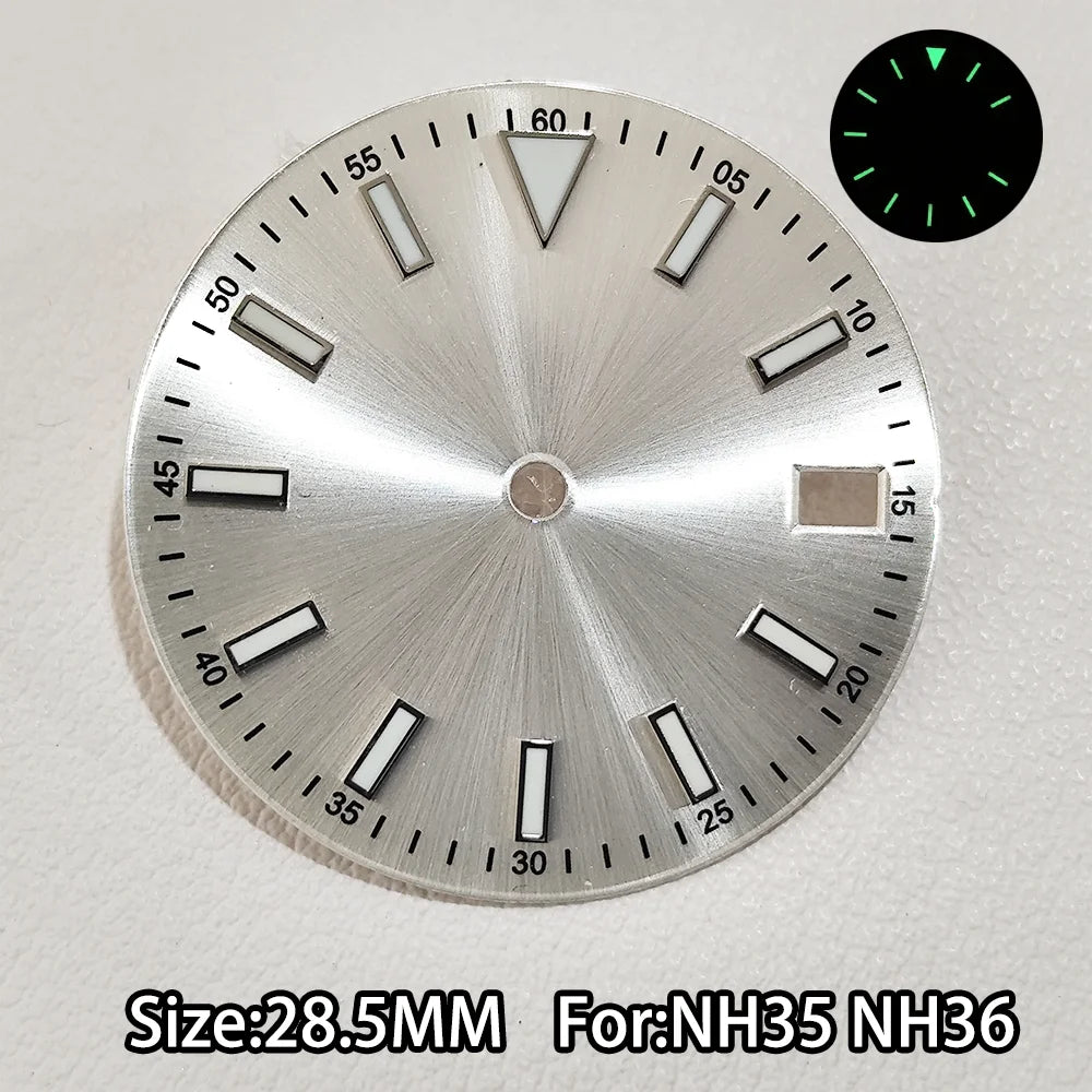 28.5mm Watch Dial For NH 35 NH36 Movements Green Luminous Single/No Date just Calendar Dial Roman Men Watches Accessories