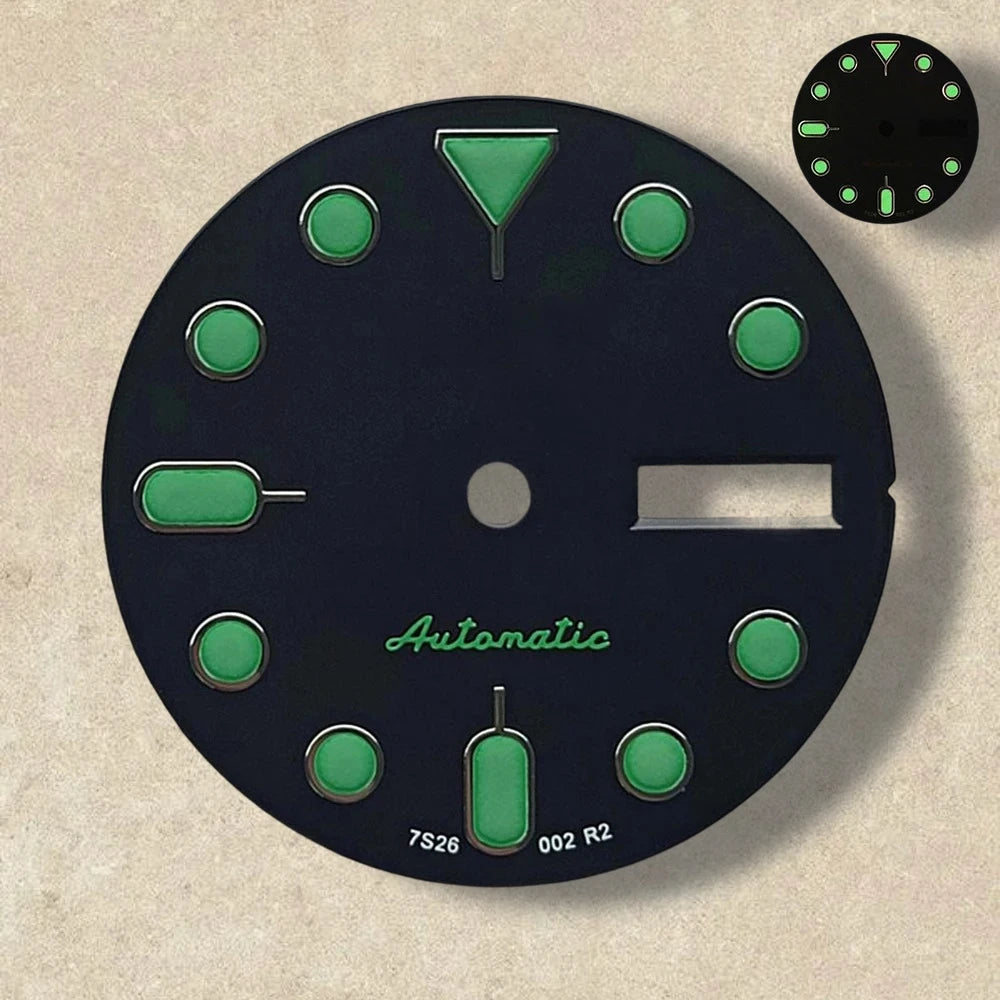 28.5mm S 5 Logo SKX007 Black Dial Suitable for NH36/4R36 Movement Green Luminous Dual Calendar Watch Modification Accessories