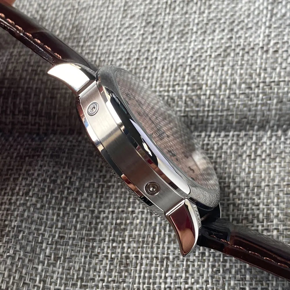 Corgeut Moon Phase Watch 42mm Seagull St1655 Automatic Day Date Month Calendar Glass Back 42MM 3ATM