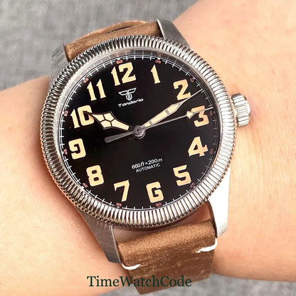 Tandorio Fluted Pilot Watch TD117A 20BAR  NH35 PT5000 Roman Numerals Sapphire 39mm