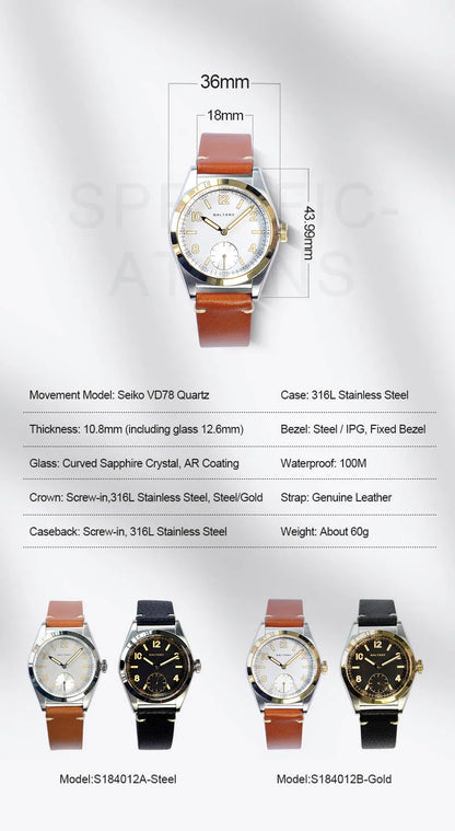 Baltany Bubbleback Dress Watches Subdial IPG Bezel Leather Gold Hands Sapphire Crystal Stainless Steel VD78 Quartz Wristwatches