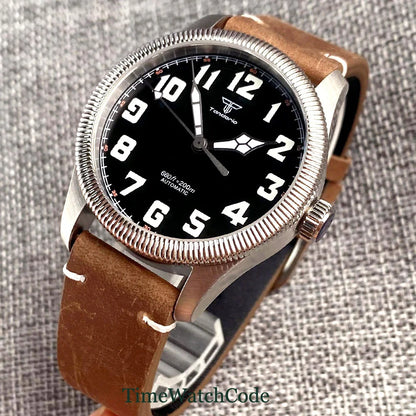 Tandorio Fluted Pilot Watch TD117A 20BAR  NH35 PT5000 Roman Numerals Sapphire 39mm