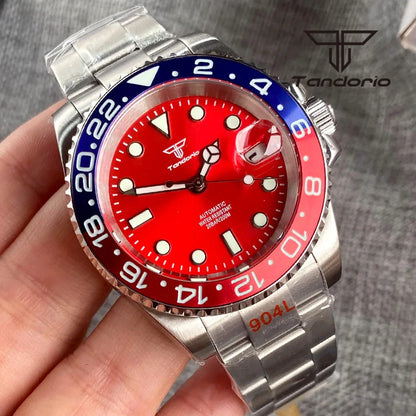 Tandorio Submariner Watch TD203R NH35A Red Sunburst 40mm 200M Diver Rotating Bezel Sapphire