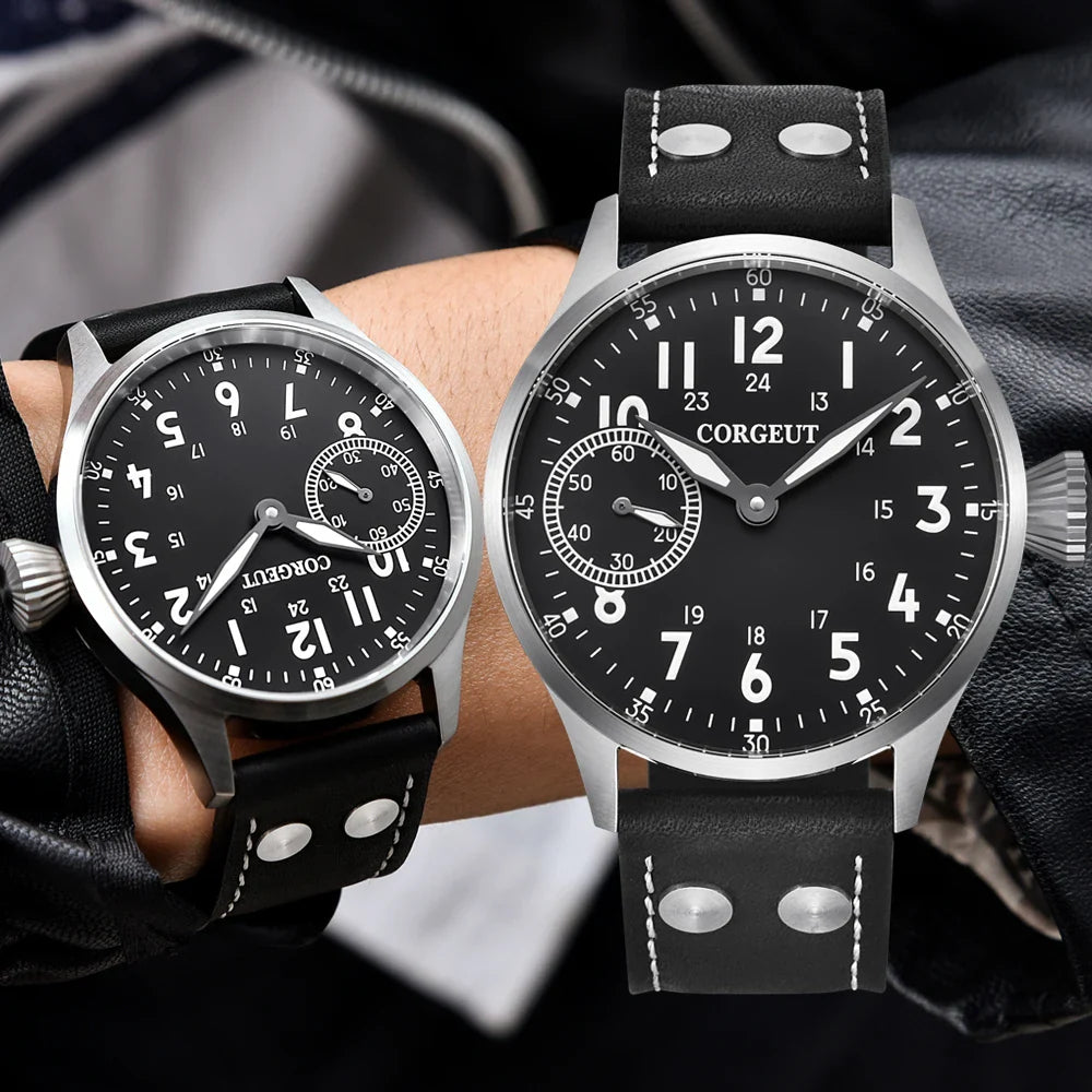 Corgeut 6023 Sub Second Pilot St3600  Manual Mechanical Watch 44MM 5ATM Sapphire Luminious glass back