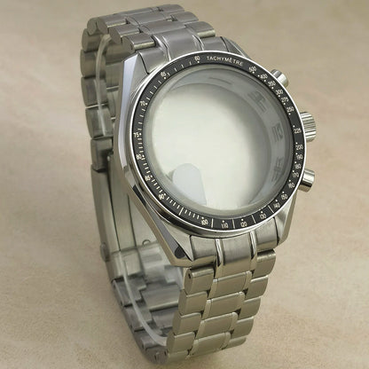 40mm VK63 Stainless Steel Case Strap Moonswatch Style Moon Back Cover Fit VK63 Quartz Movement Gold Word Bezel Watch Accessories