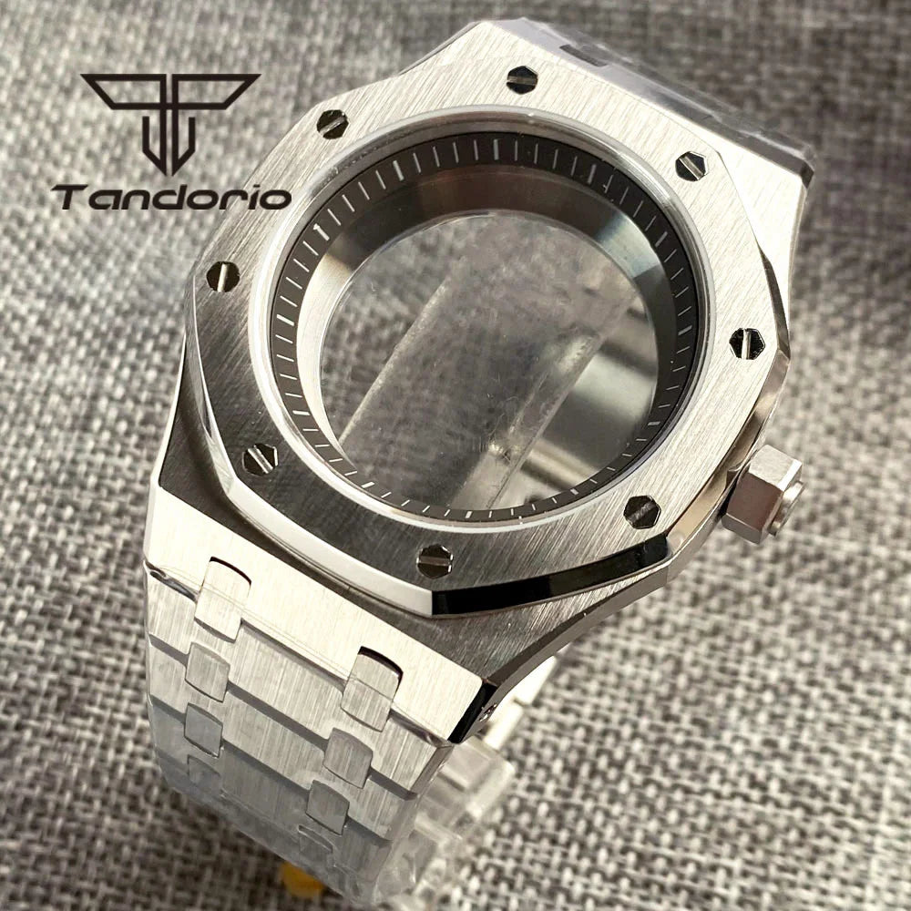 42mm Royal Oak AP Case Stainless Steel Brushed Octagon Watch Case Bracelet Glass Back Chapter Ring Sapphire Glass Fit NH35 NH36 Automatic Movement
